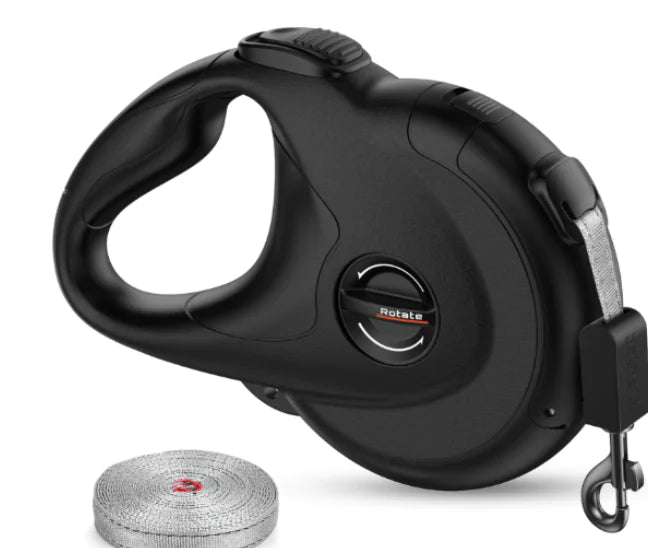 Black retractable reflective pet leash with ergonomic handle and adjustable length tape