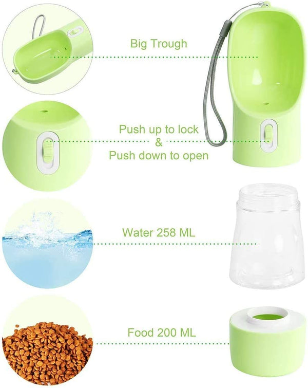 Professional title: "Portable Outdoor Dog Water Bottle Dispenser with Food Container - Leak Proof and Multifunctional Travel Dog Water Bottle in Green"