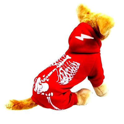 Small dog wearing red glow-in-the-dark skeleton costume hoodie