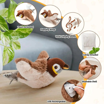 Realistic bird-shaped interactive cat toy with flapping wings for indoor play