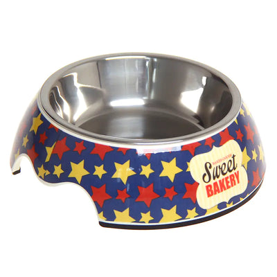Non-slip stainless steel pet bowl with colorful star pattern and "Sweet Bakery" design, durable and rust-resistant