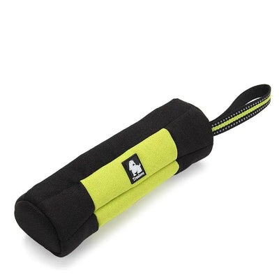 Green and black portable snack bag for dog toys and treats with handle