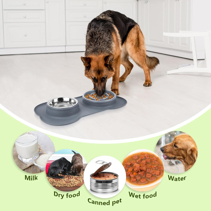 Dog Bowl Slow Feeder Bloat Stop Pet Bowl Eco-Friendly Non-Toxic No Choking Healthy Design Bowl with No-Spill Non-Skid Silicone Mat Stainless Steel Water Bowl for Dogs Pets