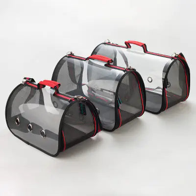 Set of three transparent pet carriers for cats and dogs with red handles and ventilation holes, available in small, medium, and large sizes.