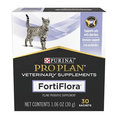Purina Pro Plan Veterinary Supplements FortiFlora cat probiotic supplement box with 30 sachets for diarrhea and immune support