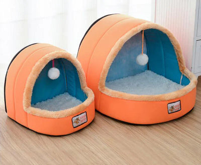 Removable washable yurt dog bed in orange with plush interior and hanging toy, available in small and large sizes