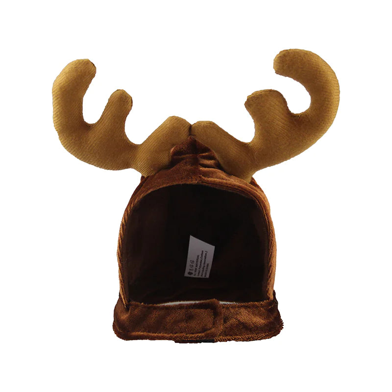 Brown plush Christmas reindeer headband for pets with soft antlers and adjustable strap