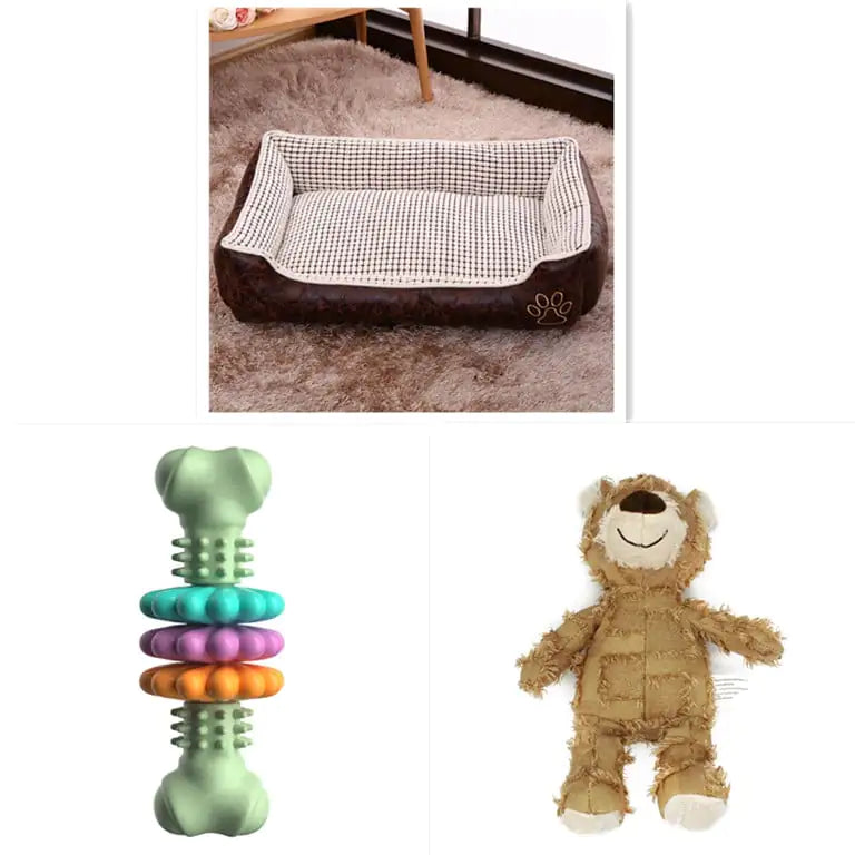 Dog mat pet bed with checkered cushion and puppy paw design, green chew toy, and plush teddy bear pet toys.
