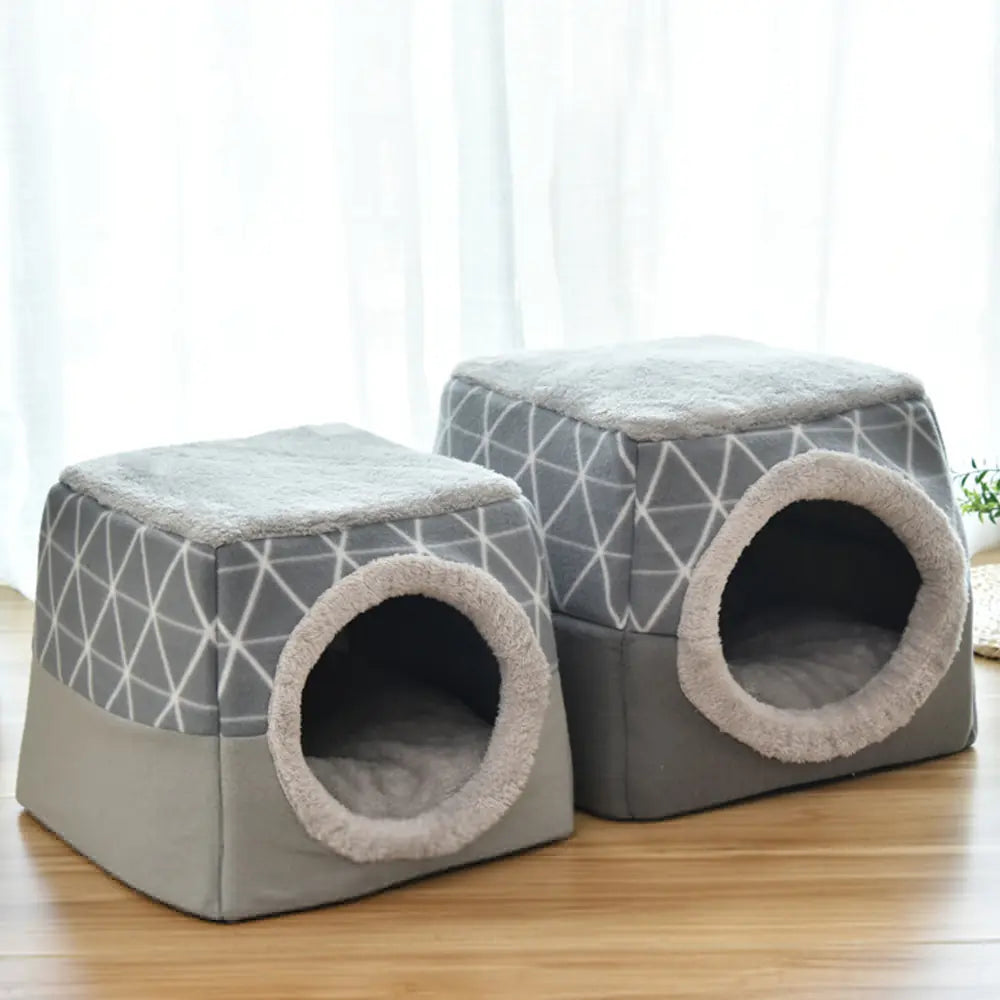 Gray dual-size pet dog and cat bed villa with soft interior and geometric pattern design