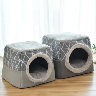 Gray dual-size pet dog and cat bed villa with soft interior and geometric pattern design