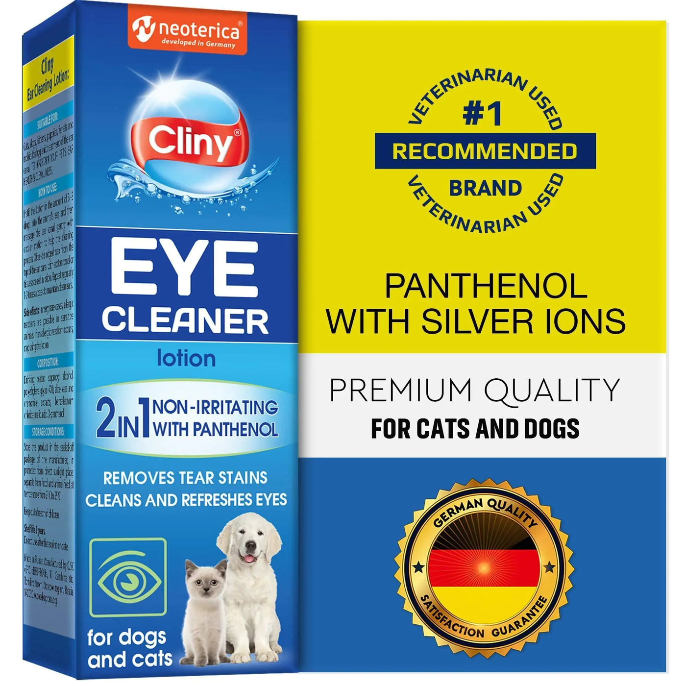 Cat and dog eye wash drops for tear stain removal and eye infection treatment with panthenol and silver ions, gentle and non-irritating formula for cleaning and refreshing pet eyes.