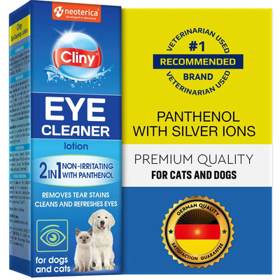 Cat and dog eye wash drops for tear stain removal and eye infection treatment with panthenol and silver ions, gentle and non-irritating formula for cleaning and refreshing pet eyes.