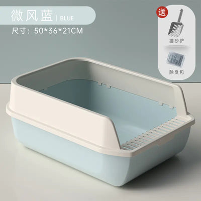 Extra large cat litter box with high splash guard in blue and white design
