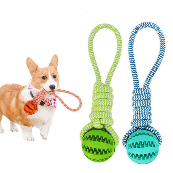  Descriptions:

A high-quality bite-resistant cotton rope that is safe and tasteless. The material is soft and doesn't hurt your dog's teeth. 
Usage: The dog's chew Durable Rubber Ball Chew Toy with Cotton RopeToysTeal ZeusDean's Pet Outlet Durable Rubber Ball Chew Toy