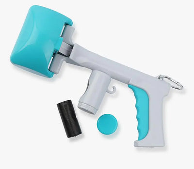 Extended handle toilet clamp for dogs and cats with blue-green plastic grip and clamp head, includes black waste bag roll and blue cap for easy pet waste cleanup.