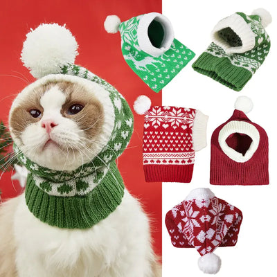 Christmas Heart Snowflake knit pet hat with reindeer and snowflake patterns in red and green colors