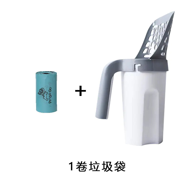 One-piece cat litter scoop set with large bin and included trash bags for easy waste disposal