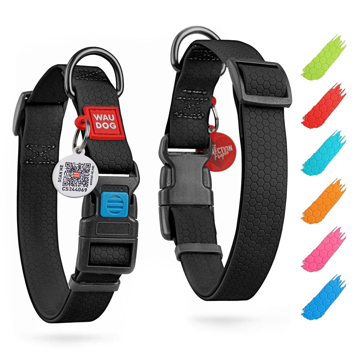 Black waterproof adjustable dog collar for small dogs with secure buckle and metal rings
