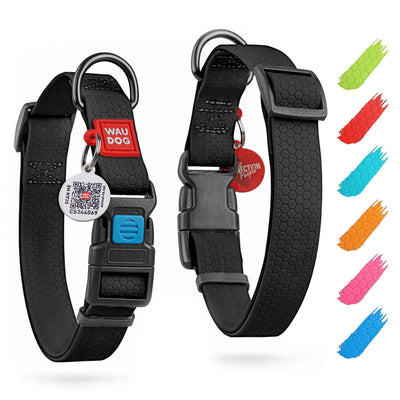Black waterproof adjustable dog collar for small dogs with secure buckle and metal rings