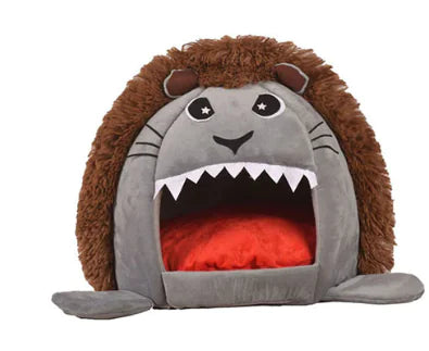 Gray Cartoon Lion Pet Bed for cats and dogs with brown mane and red interior cushion