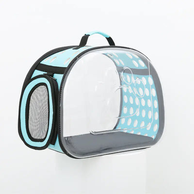 Foldable pet bag PVC space capsule cat carrier with transparent front and blue accents