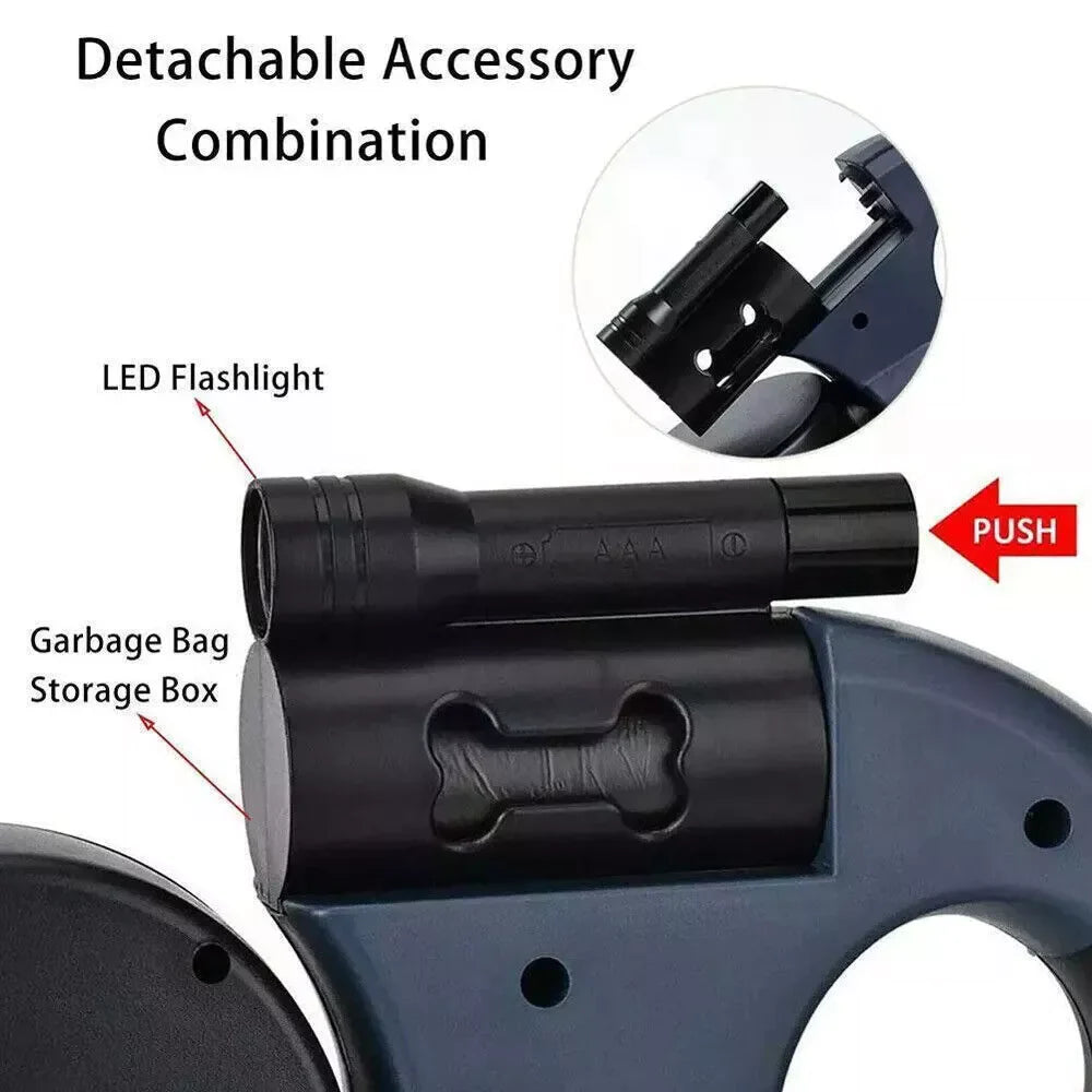 Dual pet leash with detachable LED flashlight and garbage bag storage box, retractable reflective lead with 360 swivel for double dog walking