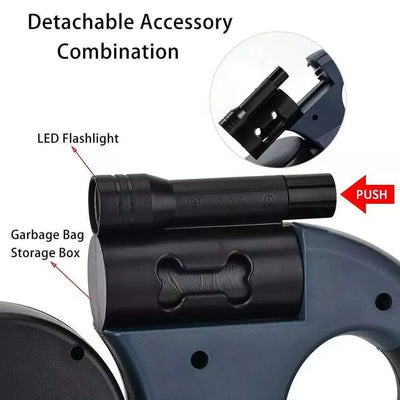 Dual pet leash with detachable LED flashlight and garbage bag storage box, retractable reflective lead with 360 swivel for double dog walking