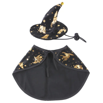 Halloween Wizard Cloak and Hat costume set for pets with black and gold magical print