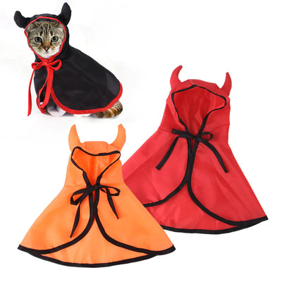 Halloween cloak cape for pets with devil horns in black, red, and orange colors