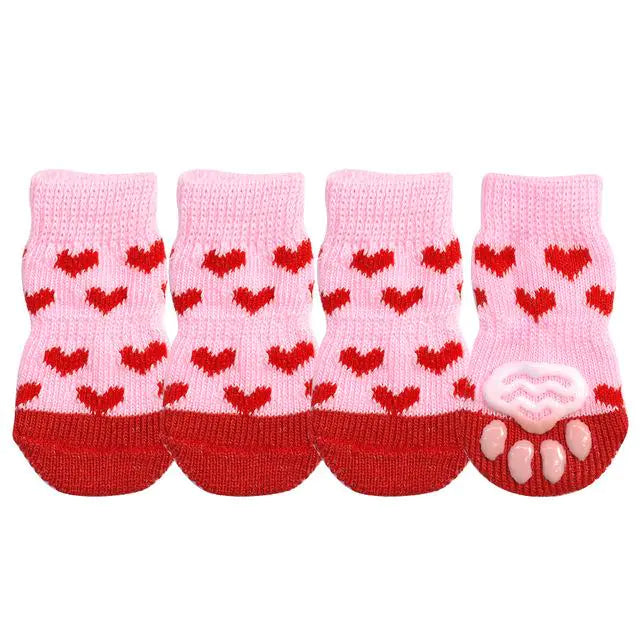 Knitted anti-slip warm pink pet socks with red hearts and paw grip soles for dogs and cats