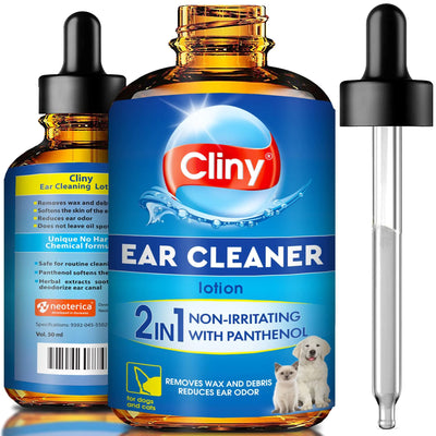 Cliny 2-in-1 non-irritating ear cleaner drops with panthenol for cats and dogs removing wax and debris reducing ear odor