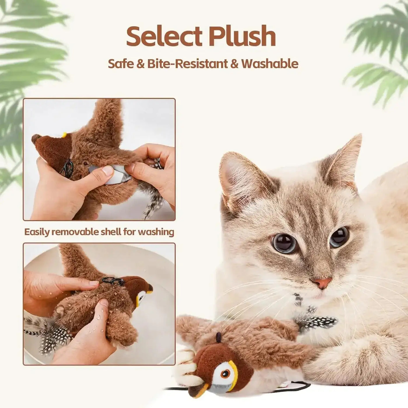 Interactive cat toy bird with soft, washable plush, realistic swinging wings, paw-activated bird sounds, and refillable catnip pocket for engaging play.