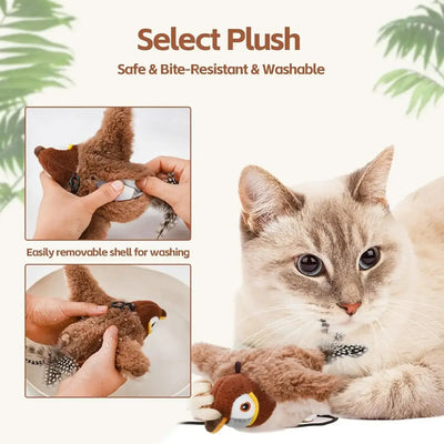 Interactive cat toy bird with soft, washable plush, realistic swinging wings, paw-activated bird sounds, and refillable catnip pocket for engaging play.