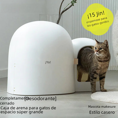 Large white closed cat litter box with odor control and a cat exiting the entrance