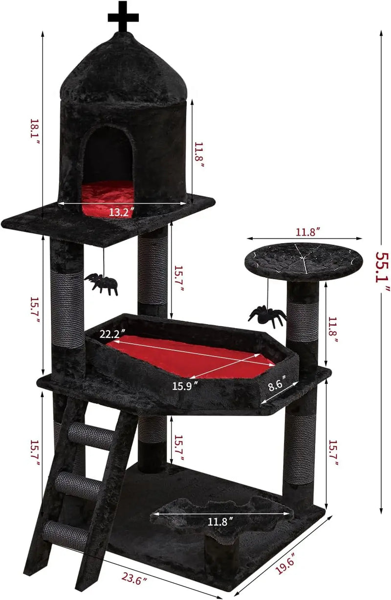 Gothic Cat Tree with Coffin Bed，55" Cat Tower with Spacious Cat