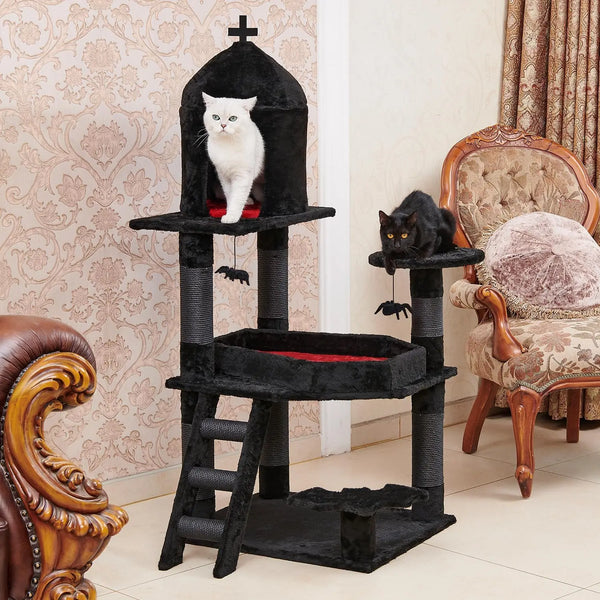 Gothic Cat Tree with Coffin Bed，55" Cat Tower with Spacious Cat