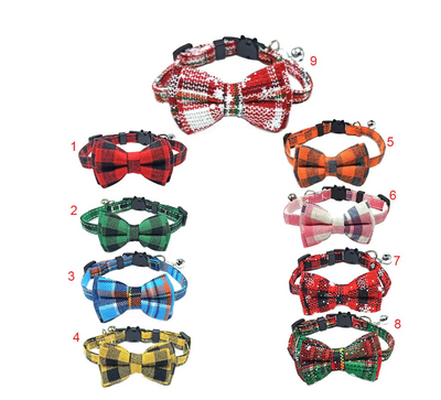 Set of nine cotton cat collars with plaid bow ties and safety buckles in various colors, each featuring a removable bell.