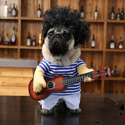 Pet guitarist costume for dogs with striped shirt, white pants, and ukulele prop