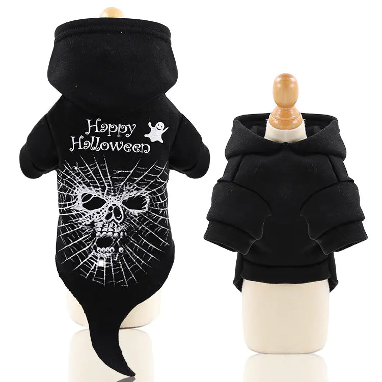 Black dog Halloween hoodie with skull and web design and "Happy Halloween" text, cozy and funny pet costume apparel
