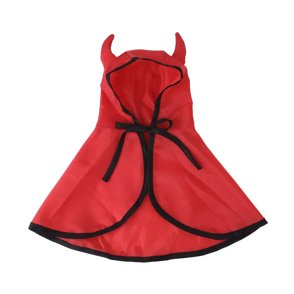 red Halloween cloak cape with black trim and horns for pets