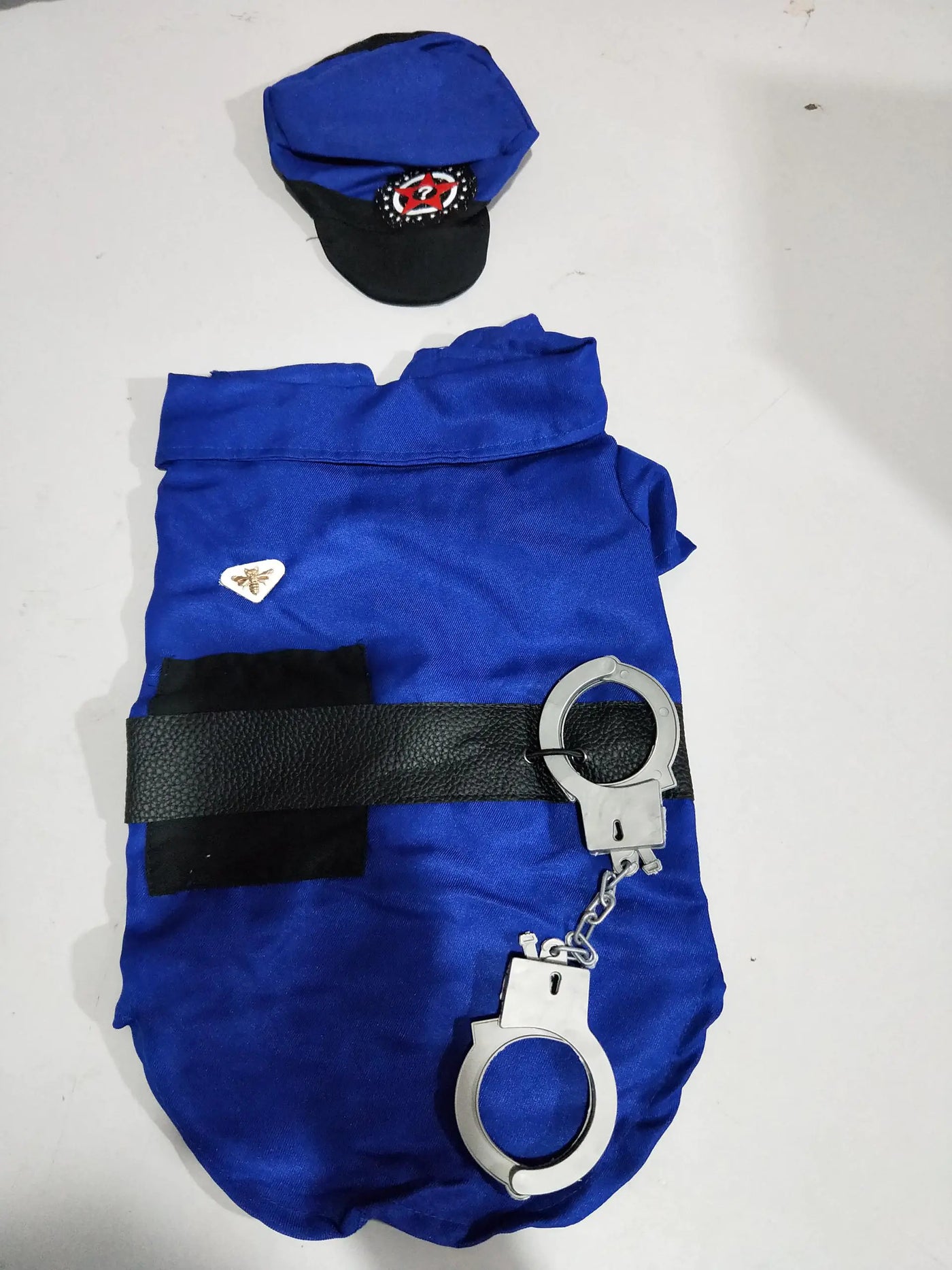 Blue police suit Halloween costume set for dogs with hat and handcuffs accessory
