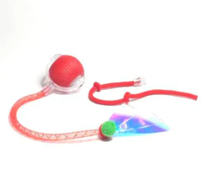 Interactive cat toy ball with rolling red ball and attached colorful wand for pet play