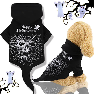 Black dog Halloween sweater with spooky skull and "Happy Halloween" text, cozy and funny pet clothes for Halloween celebration