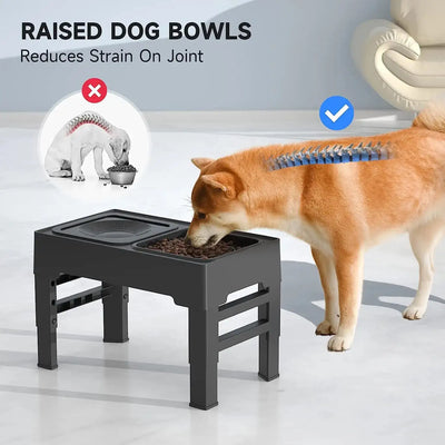Adjustable food and water bowl for dogs with raised design to reduce joint strain and promote healthy feeding posture