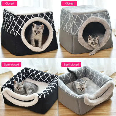 Pet dog and cat bed villa in black and grey, velvet fabric, semi-closed and closed styles with cozy interiors and geometric patterns