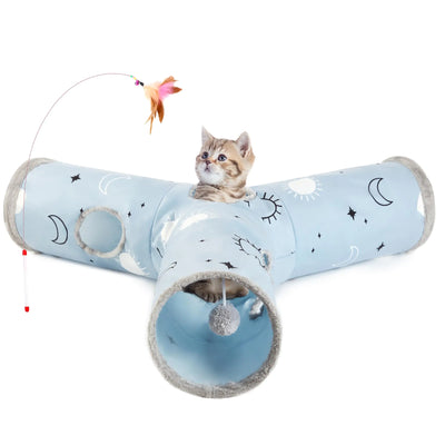 Tempcore pet cat tunnel with three-way collapsible blue tunnels and hanging toys for indoor cats