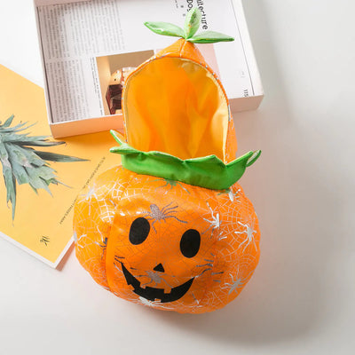 Halloween costume for dogs and cats pumpkin outfit with spider web design and green leaf detail