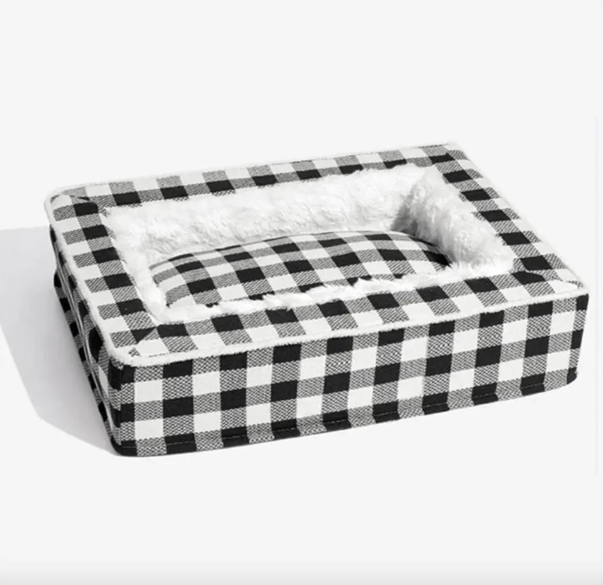 Classic Plaid Pet Bed with removable washable cover in black and white plaid design for cats and small dogs