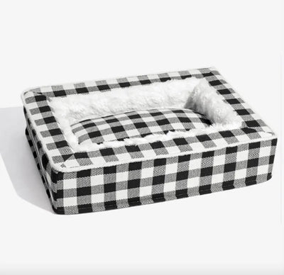 Classic Plaid Pet Bed with removable washable cover in black and white plaid design for cats and small dogs