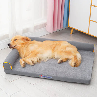 Golden retriever sleeping on removable washable pet nest sofa dog bed in gray color